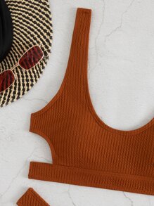 纯色罗纹镂空比基尼套装，适合夏季海滩度假 - 鏽棕色 - 查看 6