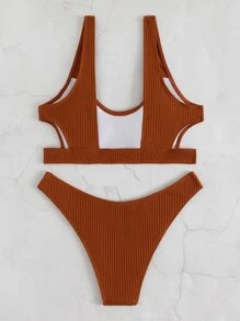 纯色罗纹镂空比基尼套装，适合夏季海滩度假 - 鏽棕色 - 查看 2