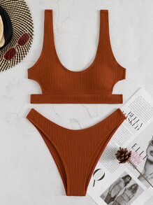 纯色罗纹镂空比基尼套装，适合夏季海滩度假 - 鏽棕色 - 查看 7