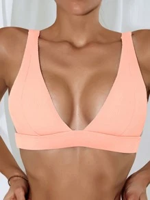 Plain Ribbed V Neck Bikini Top, For Summer Beach Vacation - Coral Pink - View 7
