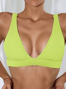 SHEIN Swim Summer Beach Plain Ribbed V Neck Bikini Top - Lime Green - View 3