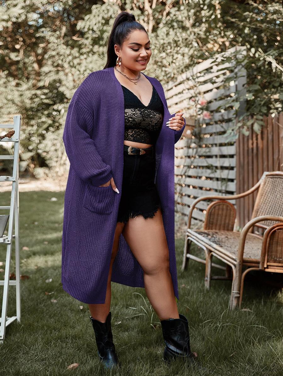 Plus Chunky Knit Longline Cardigan - Purple - View 1