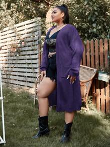 Plus Chunky Knit Longline Cardigan - Purple - View 3