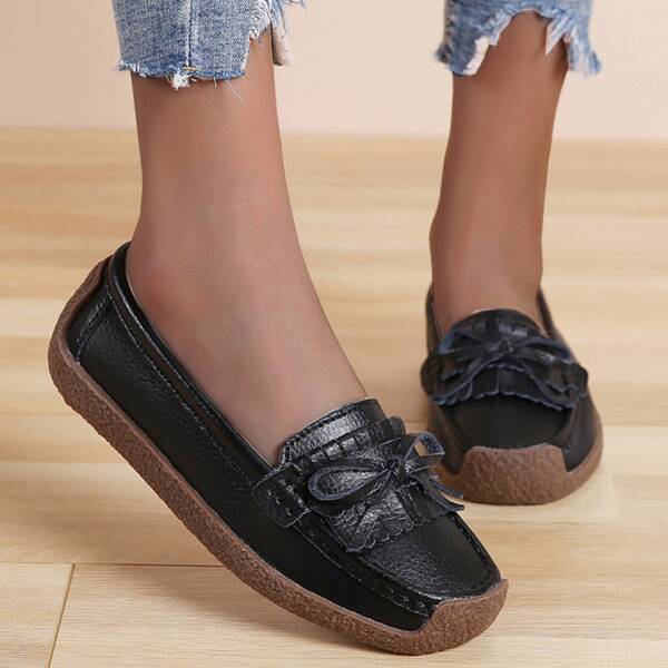 

Fringe & Bow Decor Loafers, Black