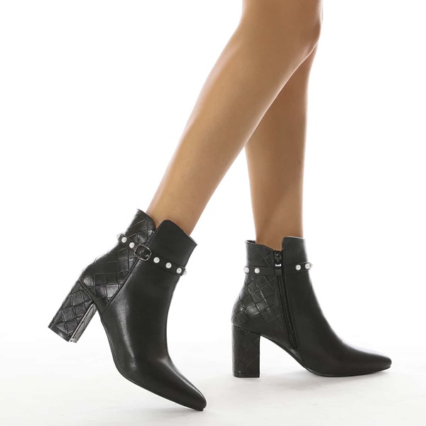 

Faux Pearl Decor Braided Chunky Heeled Boots, Black