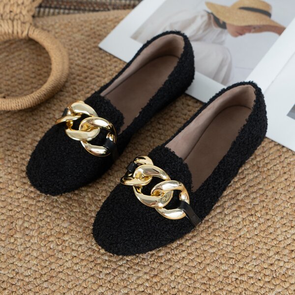 

Chain Decor Fluffy Loafers, Black
