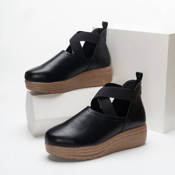 

Minimalist Cross Strap Wedge Boots, Black