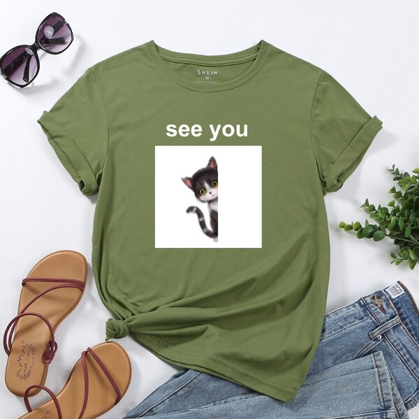 

Cat & Letter Graphic Tee, Army green