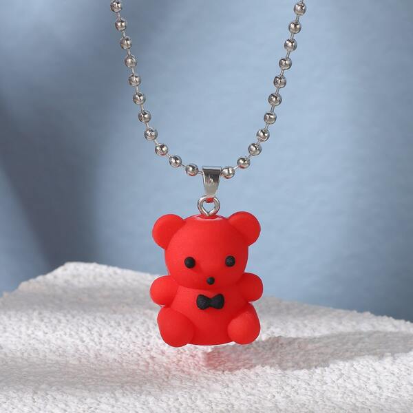 

Girls Cartoon Bear Pendant Necklace, Red