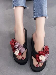 High Elastic Black Base Purple Chiffon Red 3D Flower Decor Platform Thong Sandals - Red - View 5