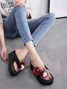 High Elastic Black Base Purple Chiffon Red 3D Flower Decor Platform Thong Sandals - Red - View 6