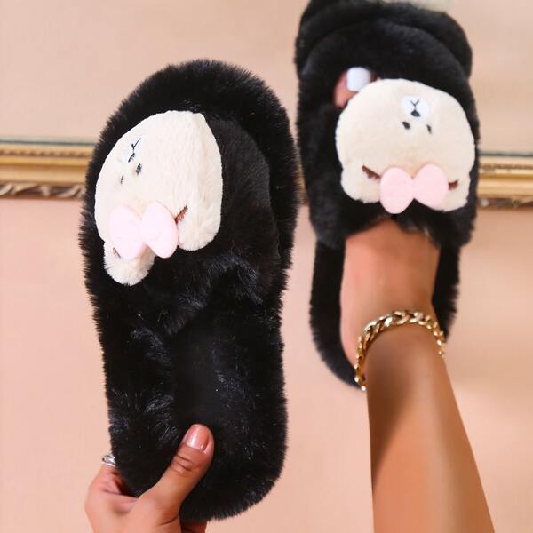 

Cartoon Bear Decor Fluffy Slippers, Black