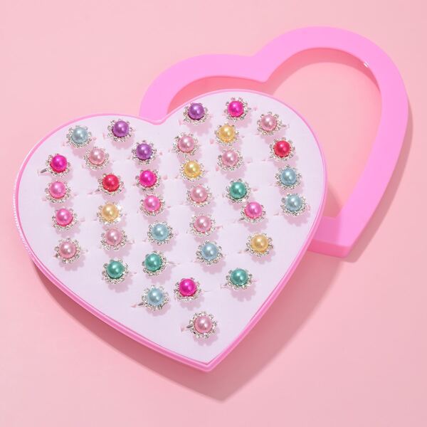 

36pcs Girls Faux Pearl Decor Ring, Multicolor