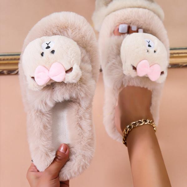 

Cartoon Bear Decor Fluffy Slippers, Khaki