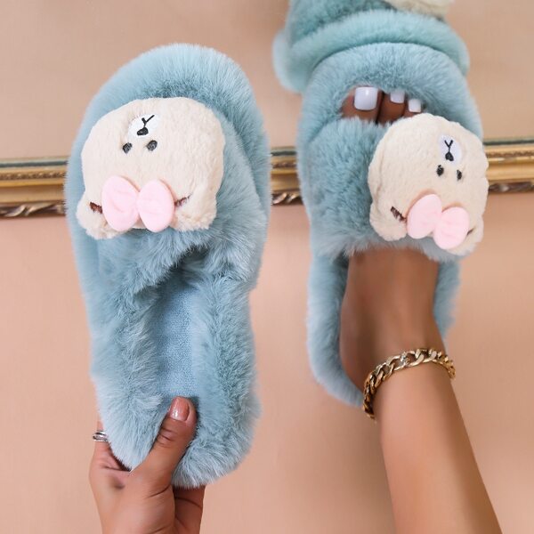 

Cartoon Bear Decor Fluffy Slippers, Blue