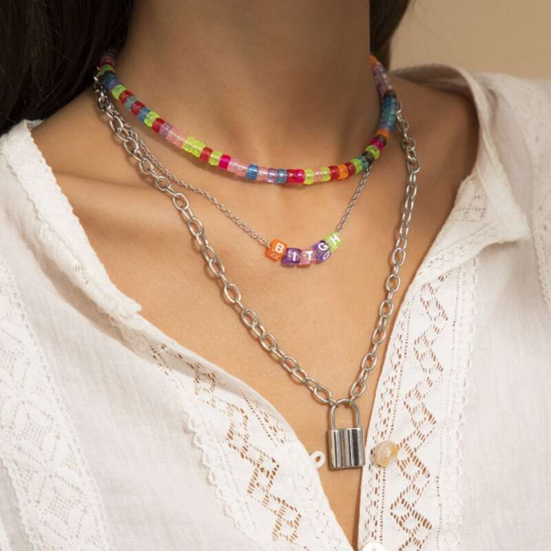 

Lock Pendant Layered Chain Necklace, Multicolor