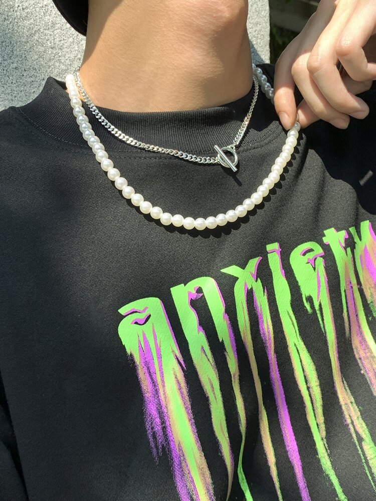2pcs Men Faux Pearl Decor Necklace
