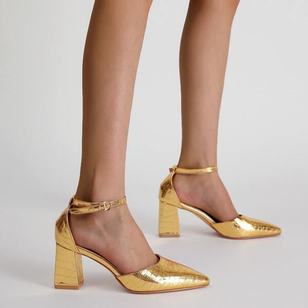 

Metallic Croc Embossed Chunky Pumps, Gold