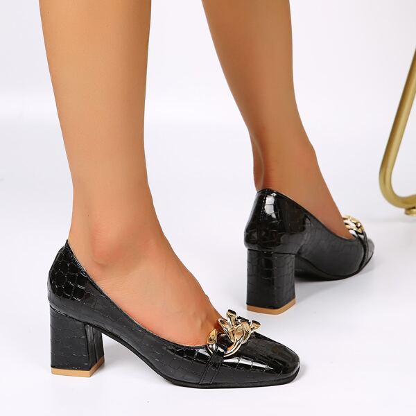 

Croc Embossed Chain Decor Chunky Court Pumps, Black