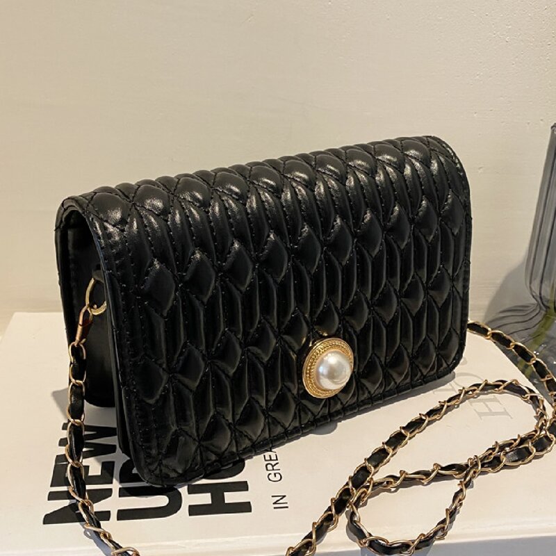 

Faux Pearl Decor Flap Crossbody Bag, Black