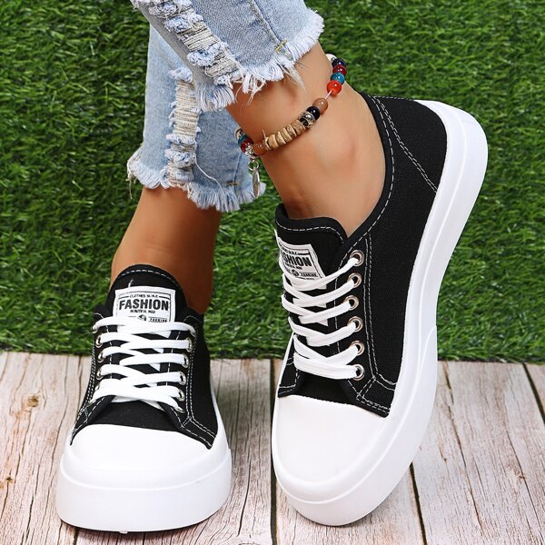 

Letter Graphic Lace-up Front Canvas Shoes, Black