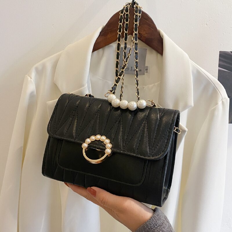 

Faux Pearl Decor Flap Shoulder Bag, Black