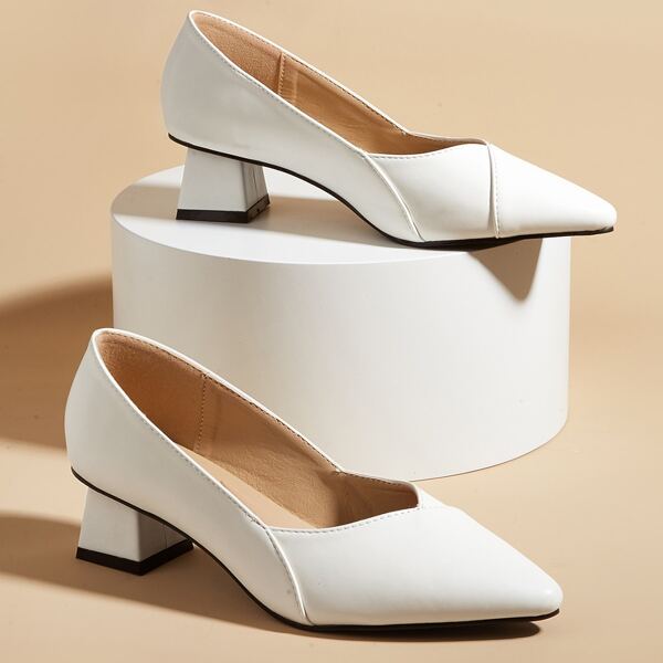 

Minimalist Point Toe Chunky Heeled Court Pumps, White