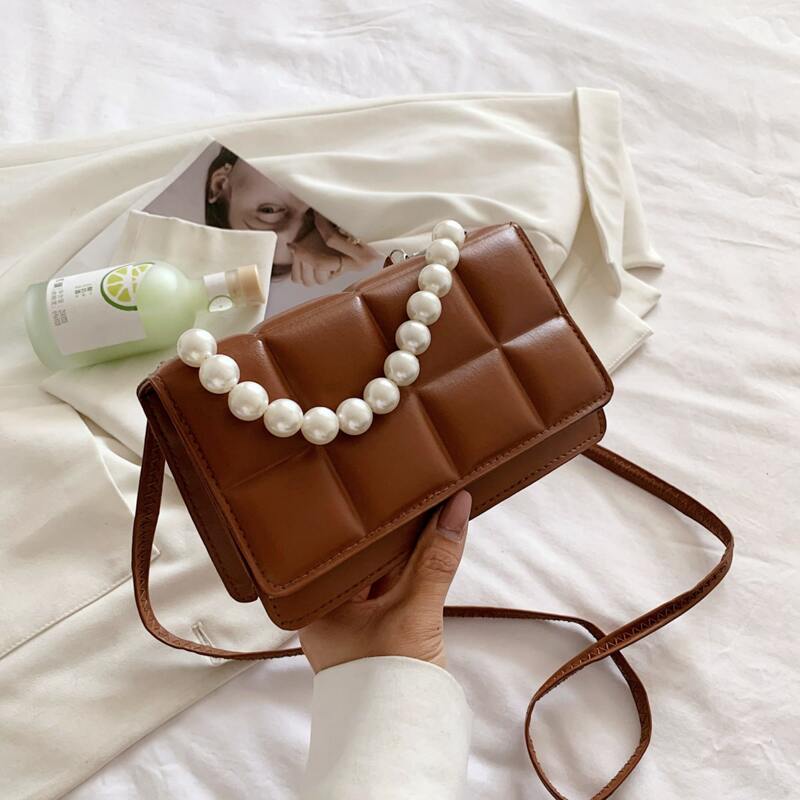 

Faux Pearl Beaded Flap Satchel Bag, Brown