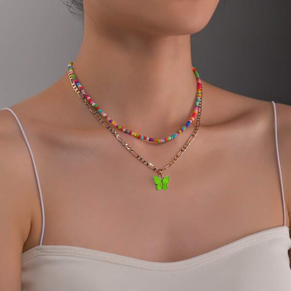 

2pcs Butterfly Charm Necklace, Green