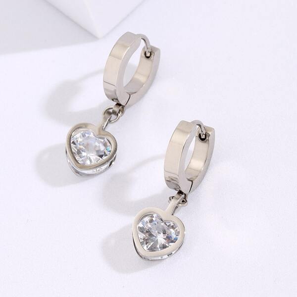 

Zircon Heart Charm Earrings, Silver