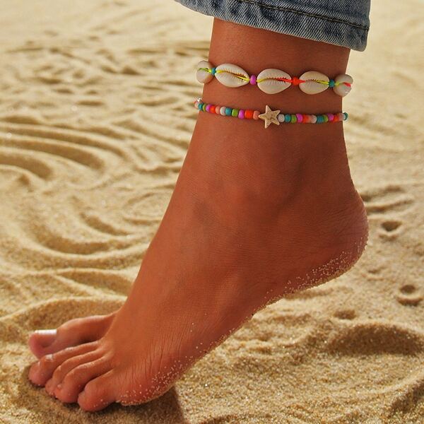 

2pcs Bead Decor Anklet, Multicolor