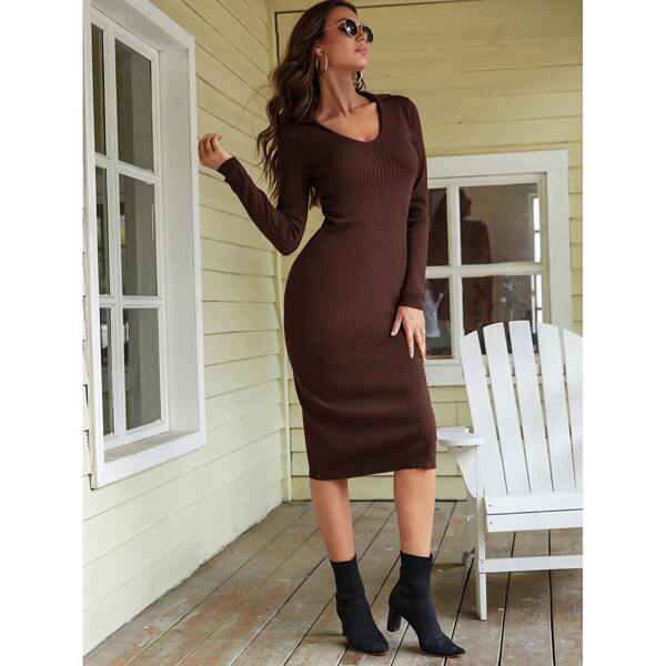 

Collared Ribbed Knit Sweater Dress, Coffee brown