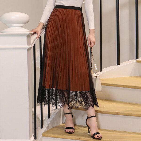 

Contrast Lace Scallop Pleated Skirt, Burnt orange