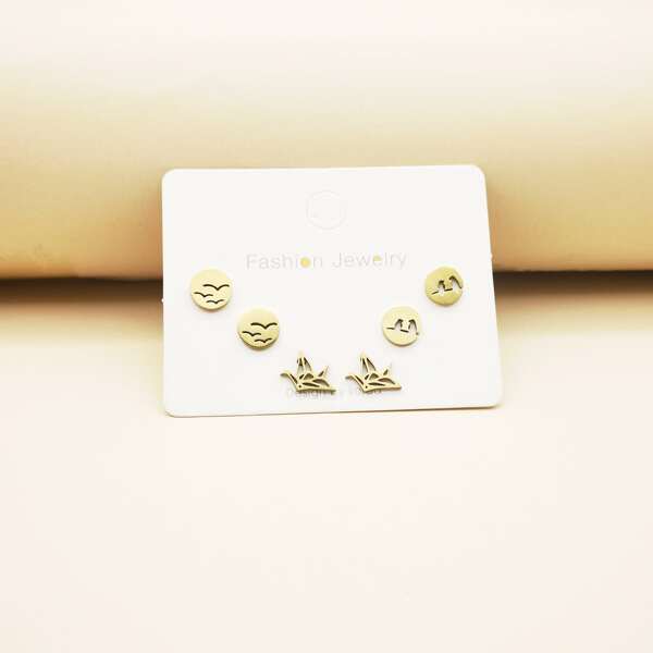 

3pairs Bird Decor Stud Earrings, Gold