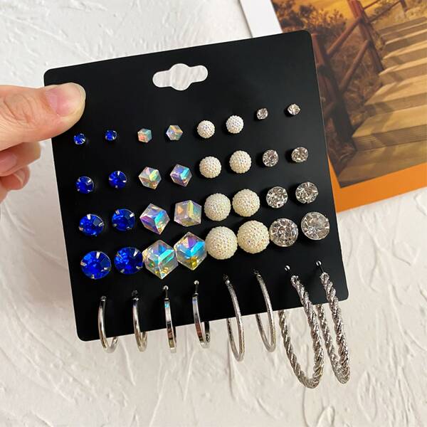 

20pairs Rhinestone Decor Earrings, Multicolor