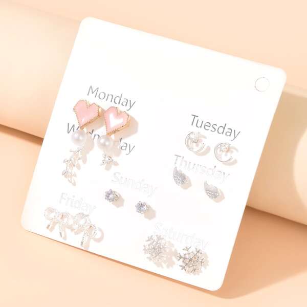

7pairs Heart & Snowflake Design Stud Earrings, Multicolor