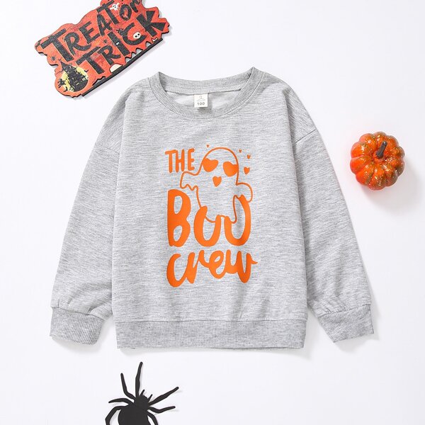 

Toddler Girls Halloween Letter And Ghost Print Pullover, Light grey