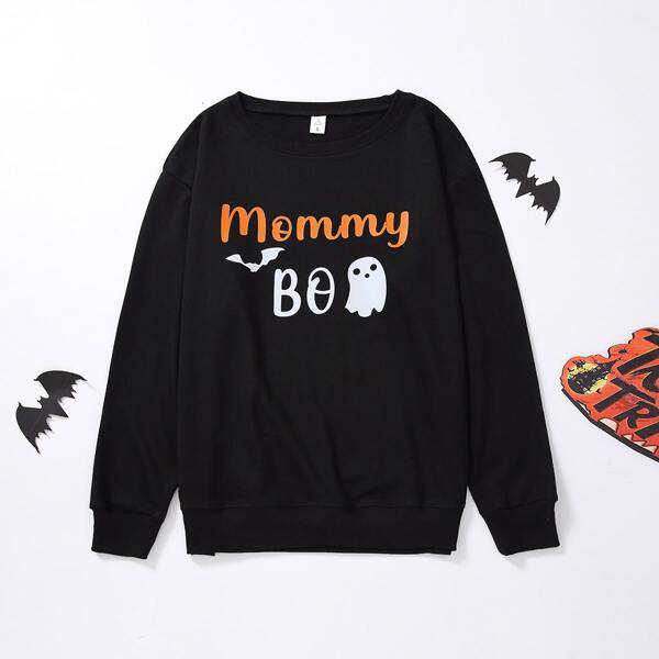 

1pc Halloween Letter & Ghost Print Pullover, Black