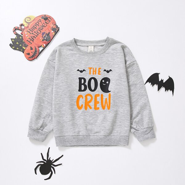 

Toddler Girls Halloween Letter And Ghost Print Pullover, Light grey