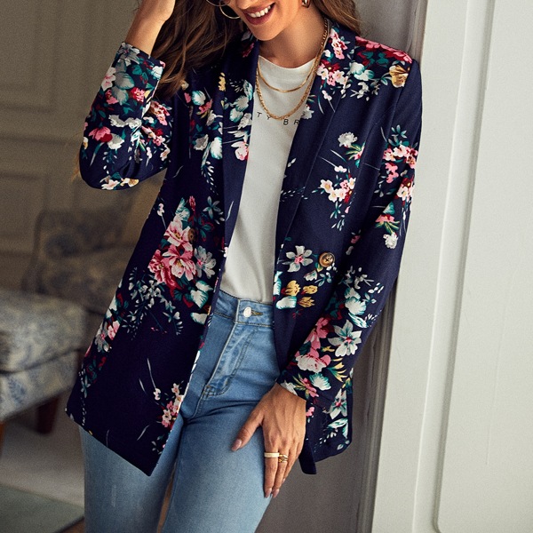 

Shawl Neck Floral Print Double Breasted Blazer, Multicolor