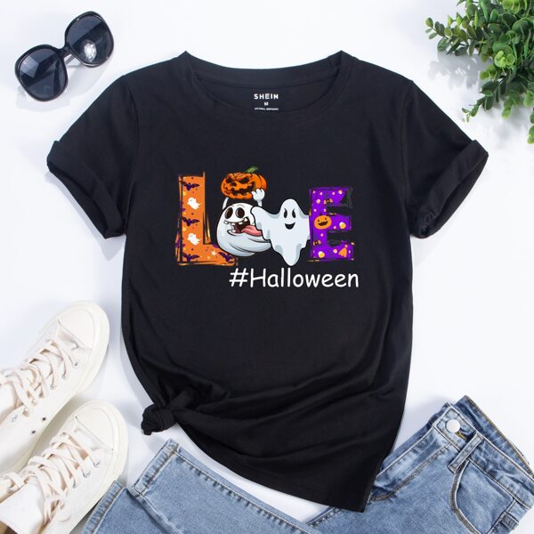 

Halloween And Letter Graphic Tee, Black