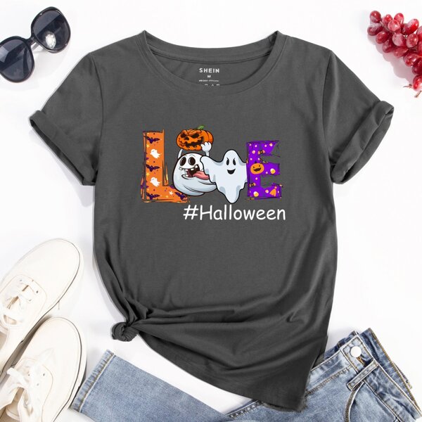 

Halloween & Letter Graphic Tee, Dark grey
