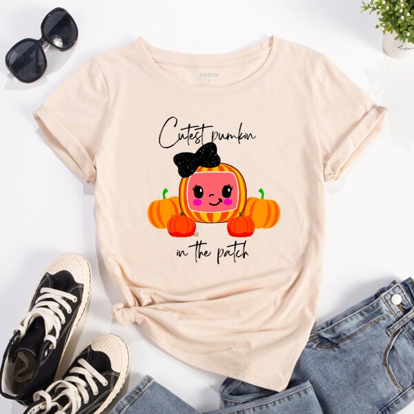 

Halloween Cartoon & Slogan Graphic Tee, Apricot