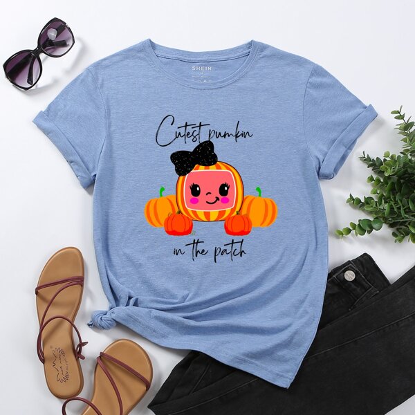 

Halloween Cartoon Pumpkin & Slogan Graphic Tee, Blue