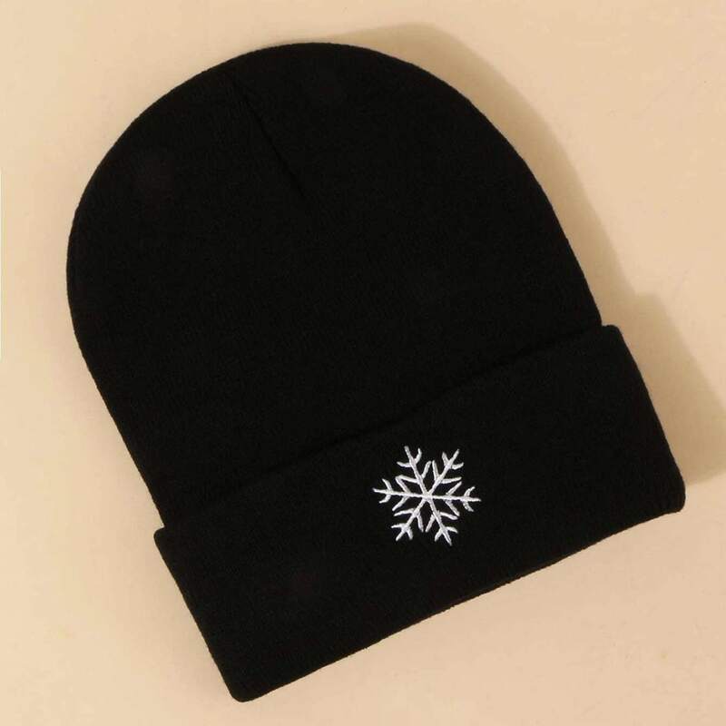 Snowflake Embroidery Knit Beanie, Black