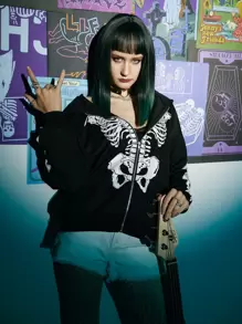 ROMWE Grunge Punk Skeleton Graphic Zip Up Hoodie