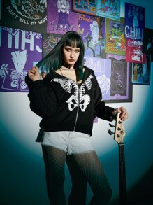 ROMWE Grunge Punk Skeleton Graphic Zip Up Hoodie