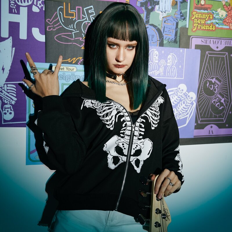 

Skeleton Graphic Zip Up Hoodie, Black