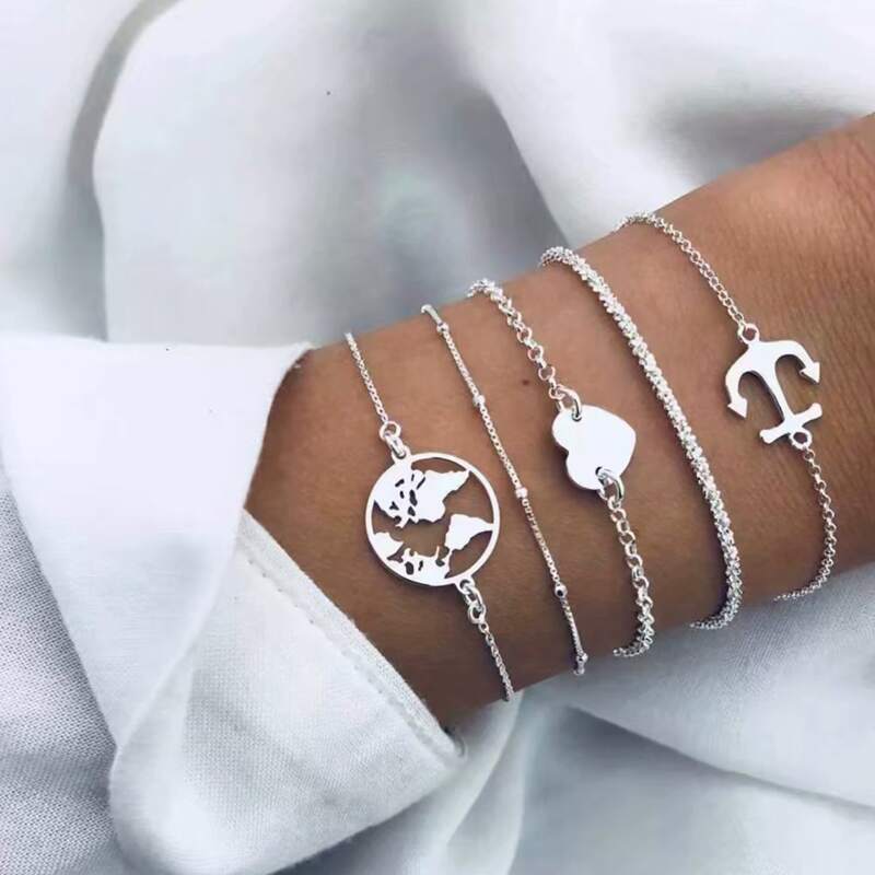

5pcs Heart Decor Chain Bracelet, Silver