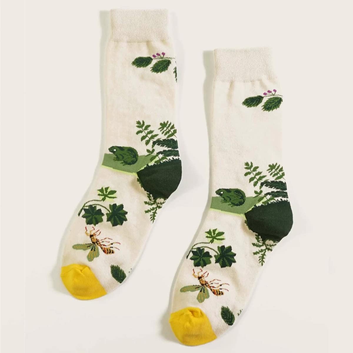 

Plant Print Crew Socks, Beige